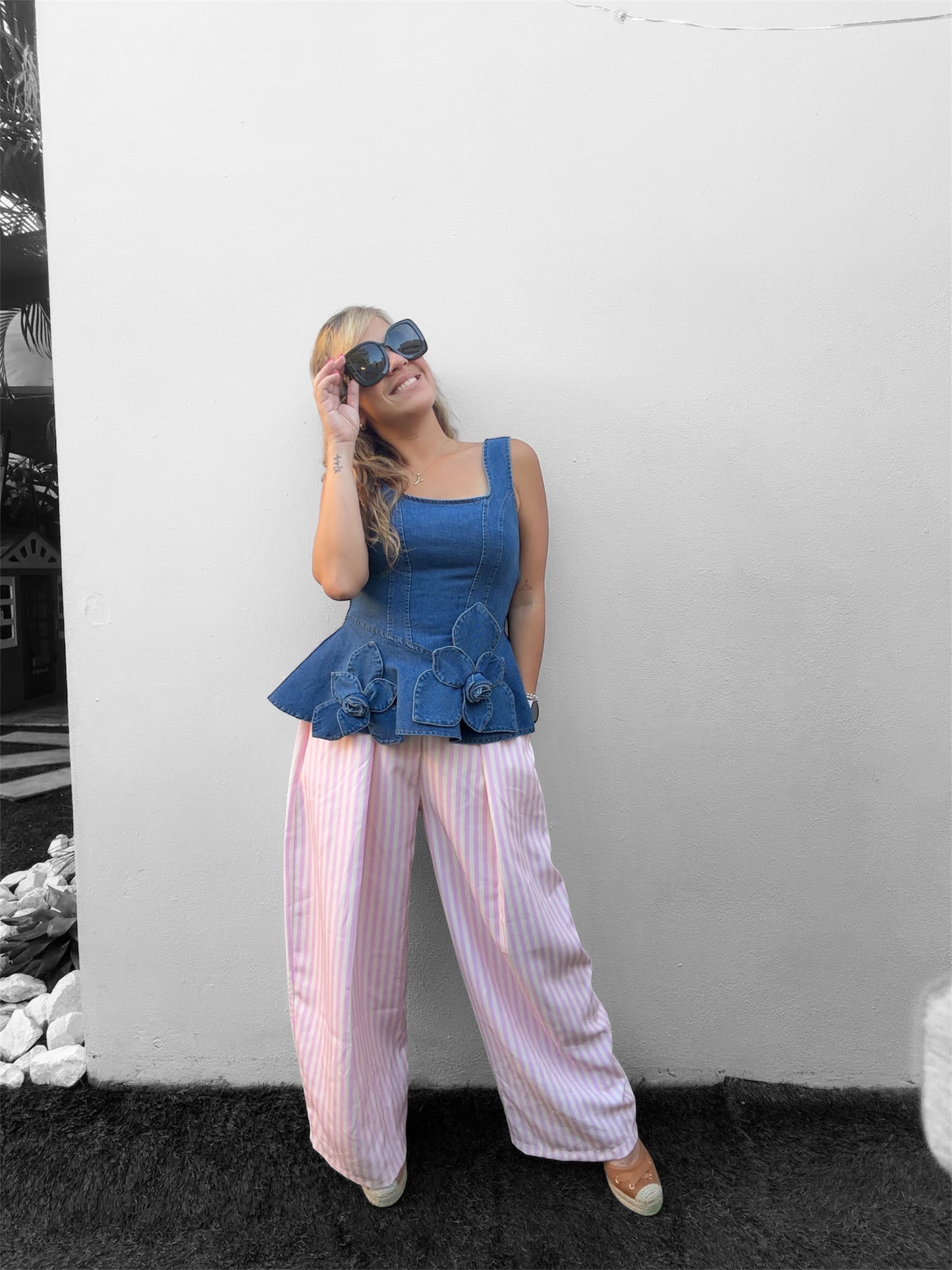 Denim flower peplum top