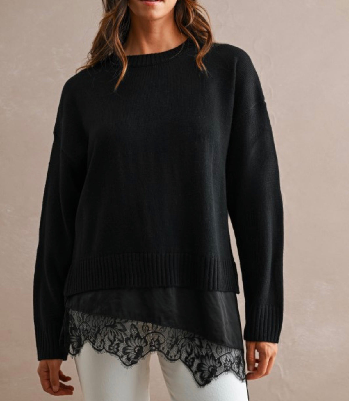 Knit contrast lace layered sweater