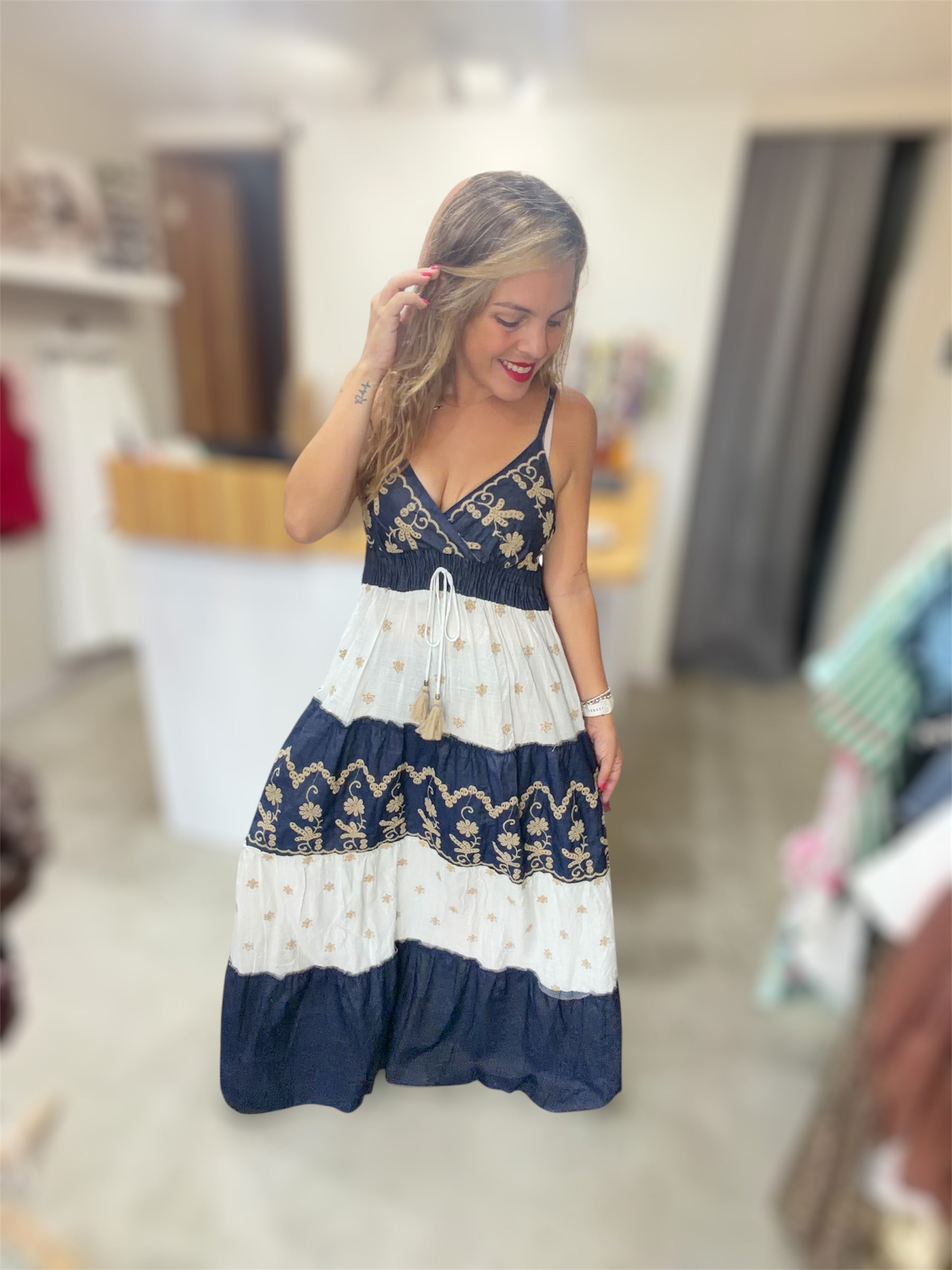 Embroidery contrast denim dress