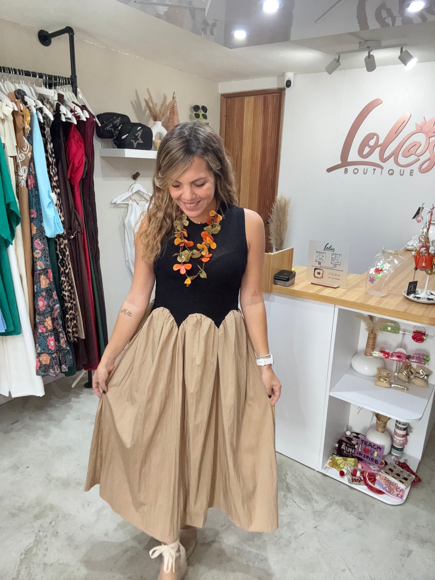 Taupe/Black Midi Dress