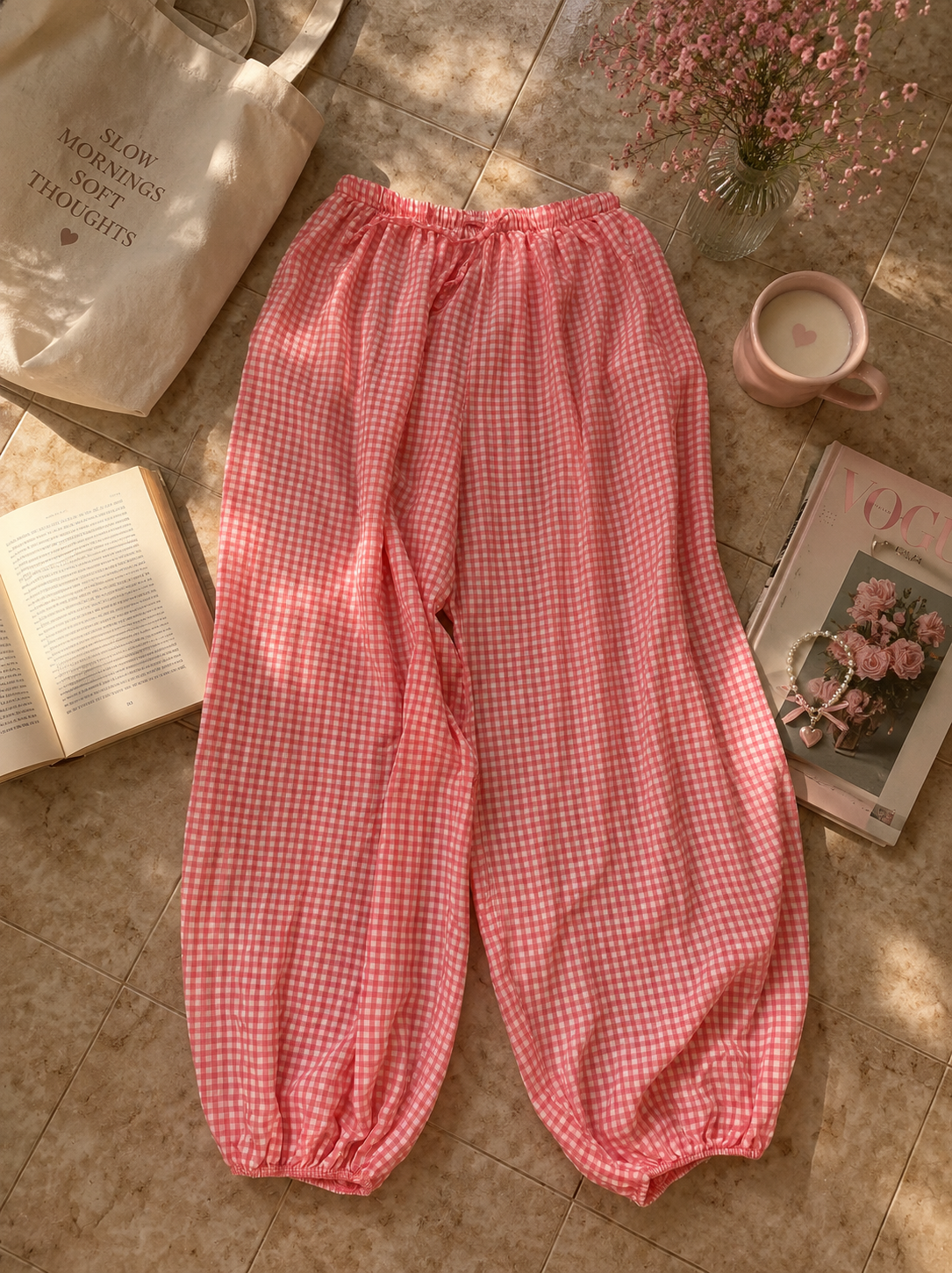 Coral gingham pant