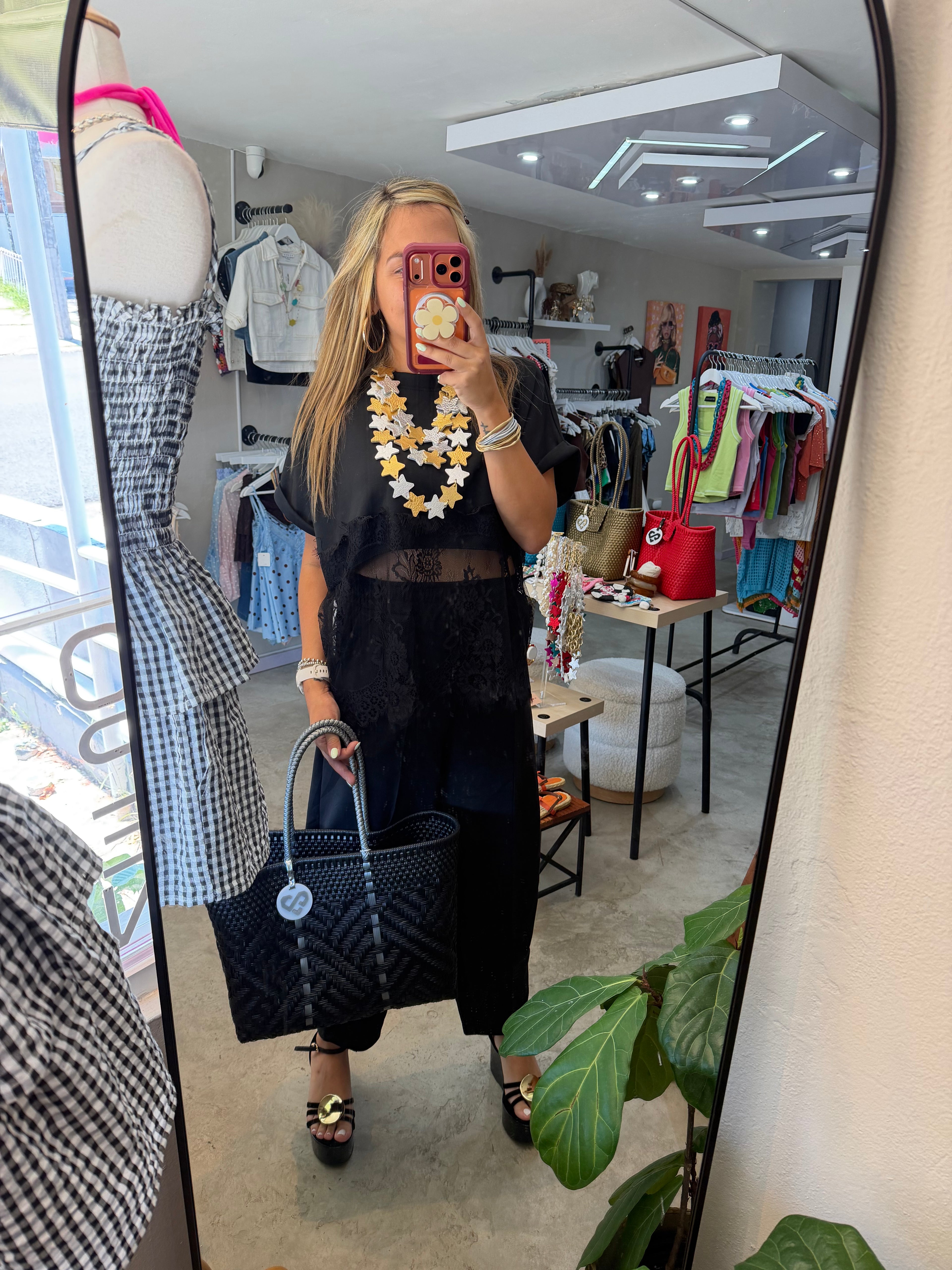 Italy black on black lace top