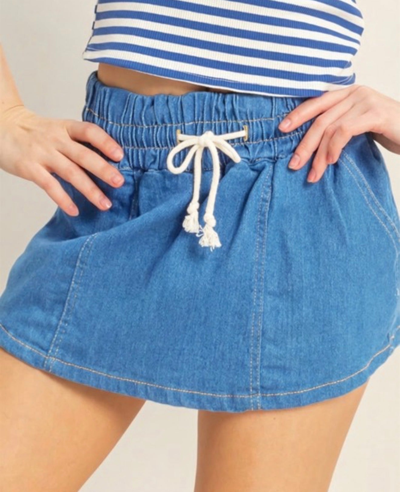 Drawstring denim skort