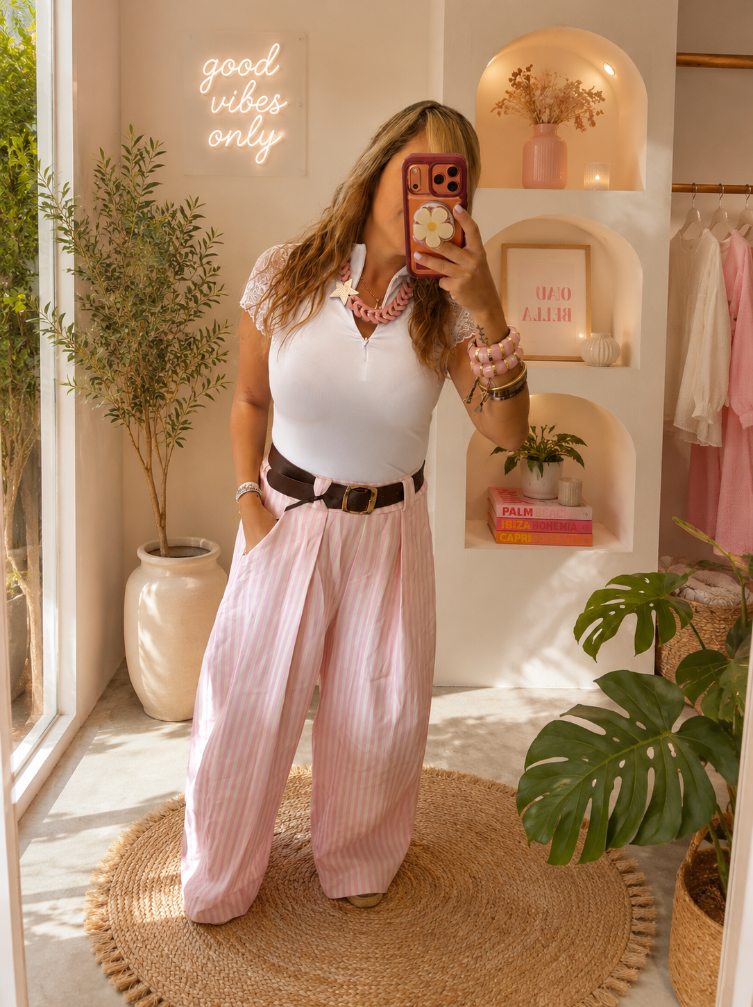 Pink striped barrel pant