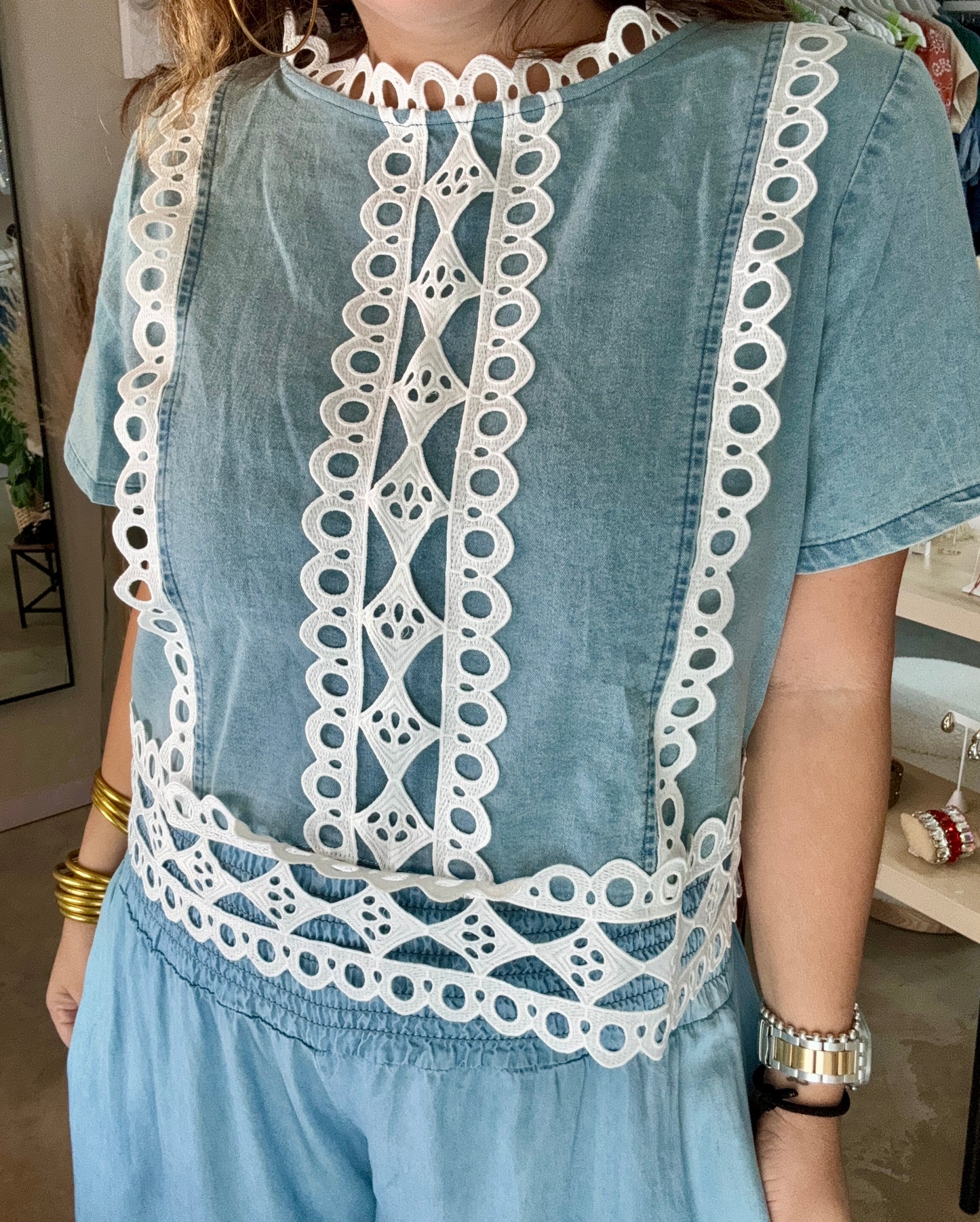 Lace Denim Top