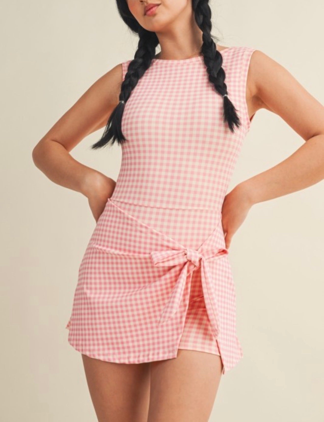 Pink Gingham print wrap tie romper